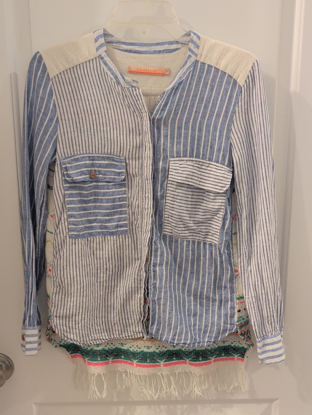 Vilagallo Blue & White Striped Button-Down Shirt Patch Pockets Embroidered Back